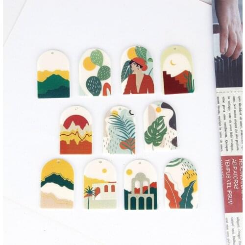 INS Flat Illustration Embossed Plant Landscape Acrylic Pendant Handmade Jewelry Earrings Accessories Material