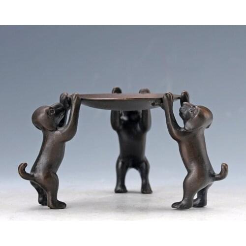 Chinese Old Bronze Handmade dogs Plate Statue Oil Lamp Candlestick
