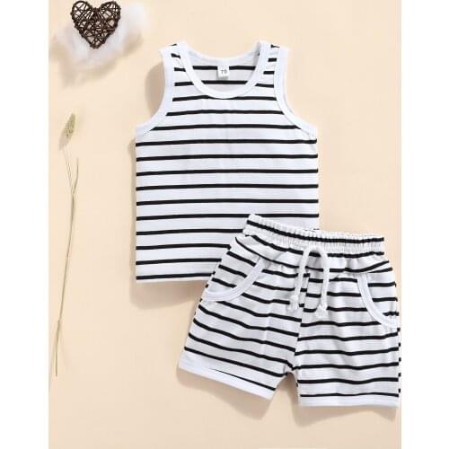 Pudcoco 2Pcs Baby Boy Clothes Summer Outfits, Striped Print Sleeveless Tank Tops + Elastic Waist Shorts Set 0-3Years