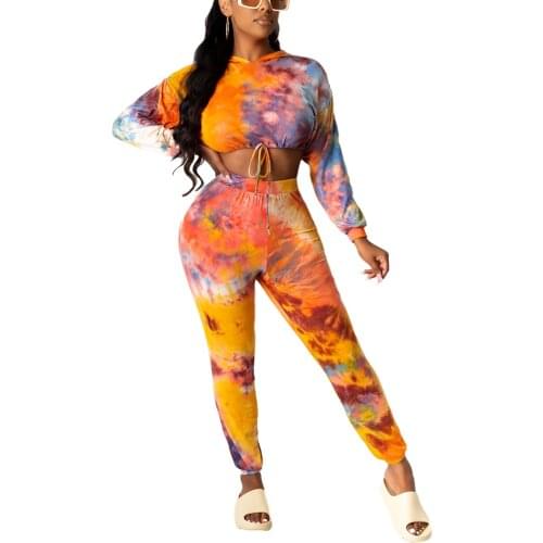 Plus Size Tie Dyeing Running Sets Women Sports Suits Tracksuits Long Sleeve Hoodies Crop Tops+High Waist Joggers Pants S-2XL