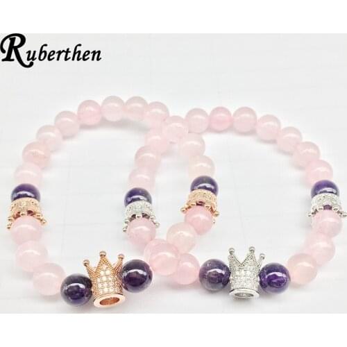 Ruberthen New Arrival Crown Charm Bracelet Natural Purple Crystal Powerful Jewelry Handmade Rose Quartzs Friendship Bracelet