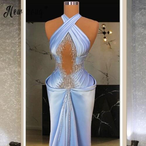 Sexy Halter Neck Blue Mermaid Prom Dresses for Black Girls Pearls Bead Long Graduation Party Dress Dubai Formal Evening Gowns