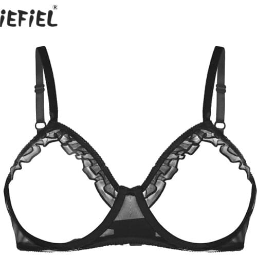 Sexy Women Bra Bare Breast Ruffles Transparent Bra See Through Erotic Lingerie Hollow Underwired Open Cup Bra Bralette Underwear
