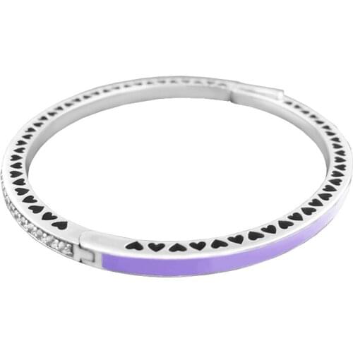 Radiant Hearts Bangles with Lavender Enamel 100% Authentic 925 Sterling-Silver-Jewelry For Women Wholesales Free Shipping