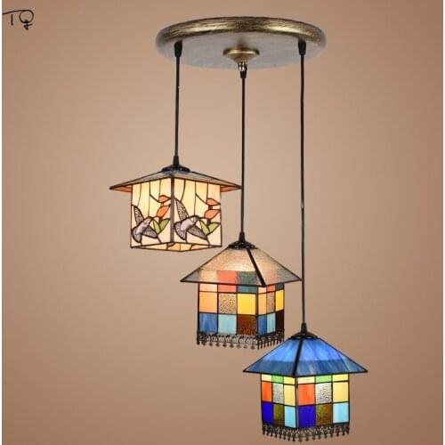 Nordic Design Tiffany Mediterranean Led E27 Glass Decorative Pendant Light for Dining/Living Room Bar Staircase Cafe Bar Bedroom