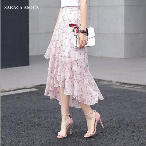 Summer Bohemian Floral Bust Long Chiffon Skirt Women High Waist Mid-Calf Ruffles A-Line Print Skirt For Girls