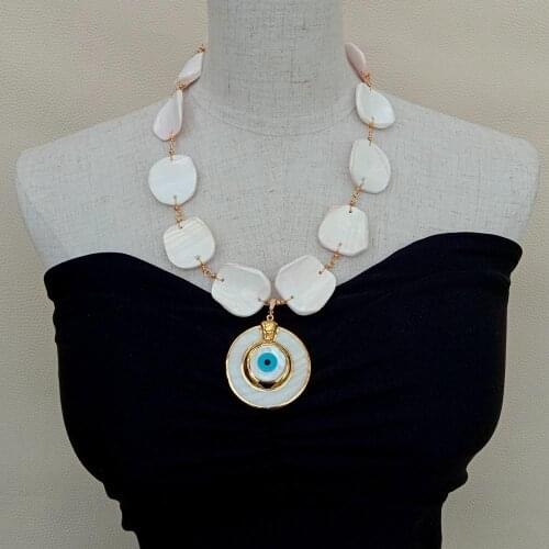YYGEM Natural Pink Queen Conch Wrap Necklace White Mother Of Pearl Shell Evil Eye Pendant 20"