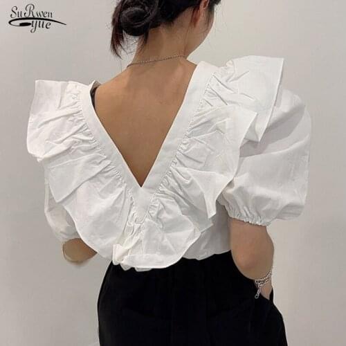 French Sexy V Neck Ruffles Women Blouses Tops 2021 Casual Loose Lantern Sleeve Female Shirts Solid Lace Up Women Clothing 15176