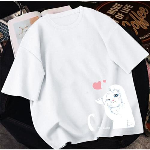 100% Cotton Summer Female Harajuku White Kawaii Anime Kitten Loose Casual Short Sleeved Tee Shirt Women Oversized T-shirts Tops