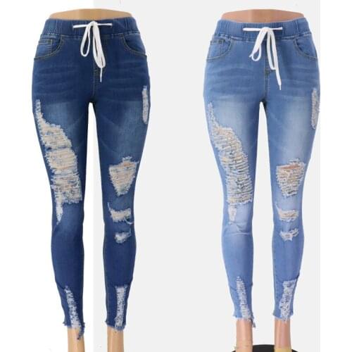 Womens Denim Pants Skinny Ripped Jeans Elastic Waist Jeggings Trousers