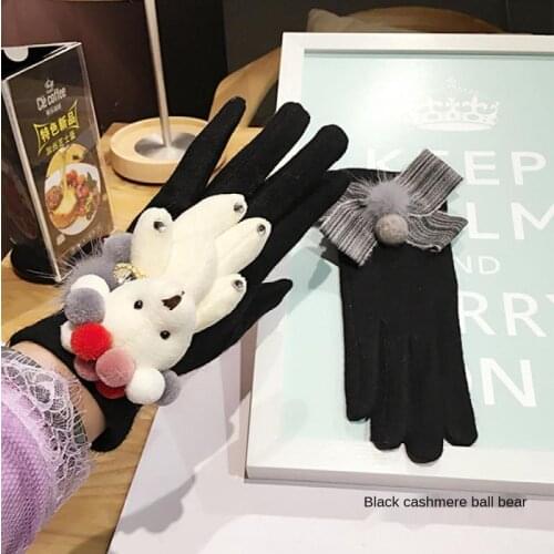 Ladies Cashmere All-Match Gloves Korean Fashion Autumn and Winter Cute Finger Touch Screen Warm Cashmere Rabbit Fur Gloves
