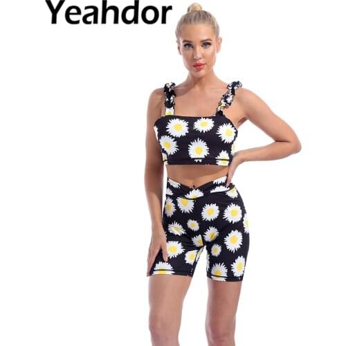 Women Summer Yoga Sport Suit Print Streetwear Seamless Sleeveless Ruffle Strap with High Waist Shorts Legging Outfit Tracksuit