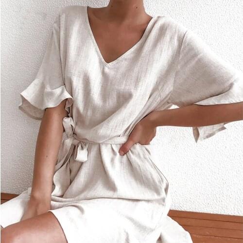 Ruffles Short Sleeve Belt Womens Mini Dresses Solid V-Neck Women Short Dresses 2021 Summer Casual Loose A-line Ladies Clothes