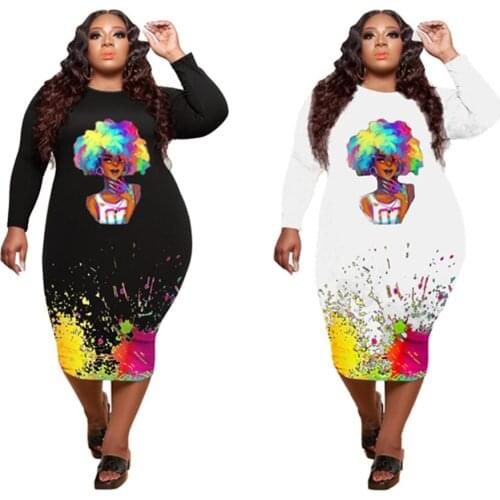 RStylish Splash Ink Print Elegant High Waist Fashion Round Neck Long Sleeve Skinny Plus Size Women Midi Dress