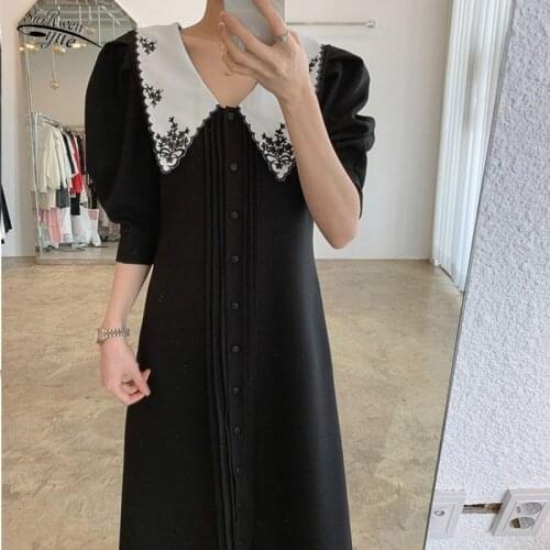 Single-breasted white dress female lapel elegant black dress retro embroidery summer long skirt female robe 14702