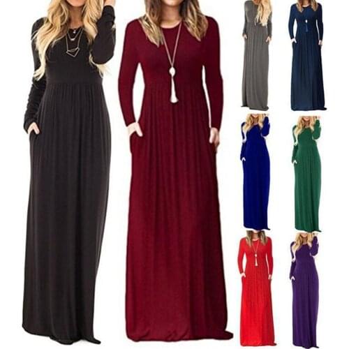 Women Autumn Spring Solid Maxi Dress Casaul Loose Round Neck Long Sleeve Pocket Plain Plain Pleated Party Dresses Female Robe