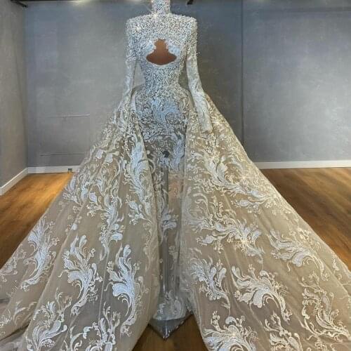 HIgh Neck Beading Mermaid Wedding Dress with Detachable Train Long Sleeves Luxury Bridal Gowns Lace Appliqued vestidos