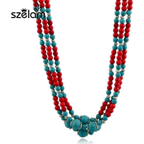 MELIHE 2019 New Fashion Vintage Necklace For Women European Gorgeous Red Blue Natural Stone Flower Long Necklace SNE140443