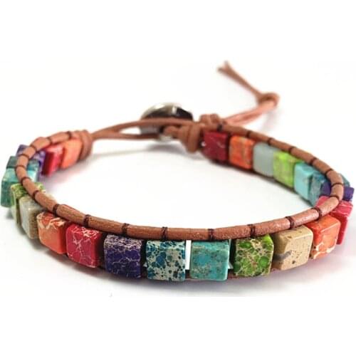 1Pcs Natural Stone Handmade Multi Color Chakra Bracelet Jewelry Tube Beads Leather Wrap Bracelet Creative Couples Gifts