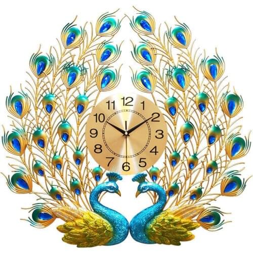 Living Room Clock Mute Wall Charts Large Sunburst Silent Movement Metal Dial Peacock Decoration Wall Clocks Wall Mounted Clock