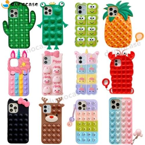 For iPhone 11 12 Pro Max Case XS Max Xr X 6 7 8 Plus Push It Bubble Fidget Toys Relieve Stress Silicone Soft Rainbow Phone Cover