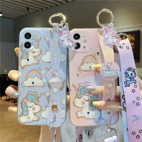 Blu-ray unicorn Wristband Lanyard Case For Huawei P20 P30 P50 Pro P40 Lite Nova 3i 3 4 Mate 40 Honor 8X 20 30 Pro 10i V20 V30