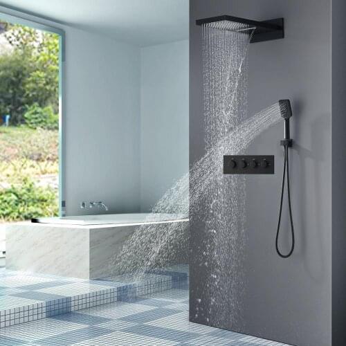 Black Shower Set Rain Waterfall Shower Head Panel Thermostatic Mixer Valve Tap With Hand shower Bathroom Rainfall Shower Faucets