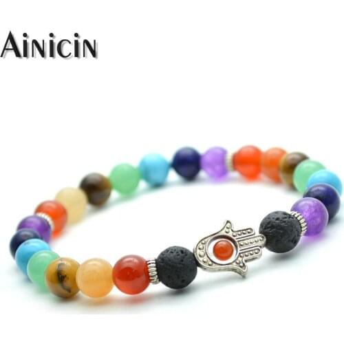 Hamsa Hand Charms Rainbow Color Natural Semi-precious Stone Bracelets For Fashion Women Jewelry Gift