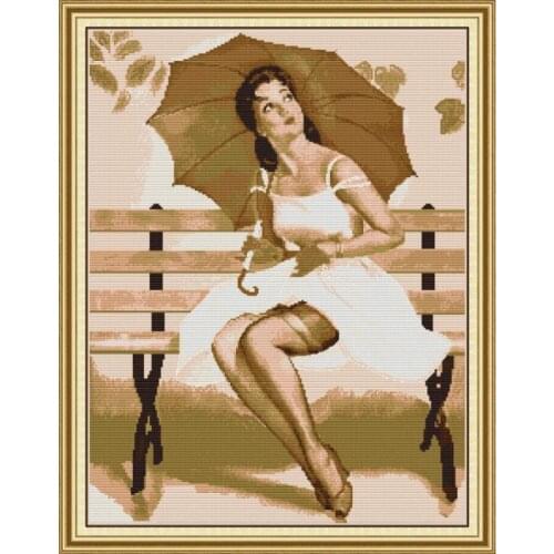 Joy Sunday Cross Stitch Woman with The Umbrella Counted Printed on Canvas 11CT 14CT DIY Needlework Sets Home Decoration Kits