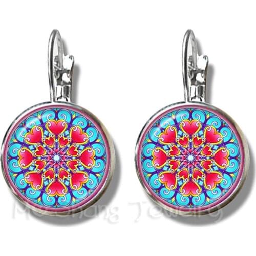 Classic Indian Henna Yoga Earrings Om Symbol Buddhism Zen Colorful Mandala Flower Silver Plated Stud Earrings For Women