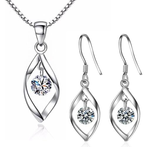 5A Shiny Zirconia Water Drop Twist Pendants Necklace & Earrings Jewelry Set Wedding Party Valentines Day Gifts for Women