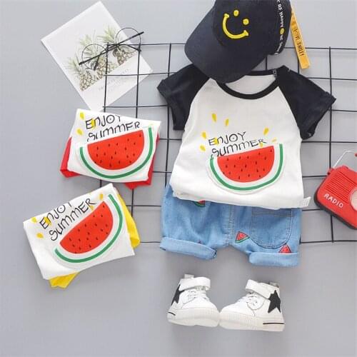 Cool Kid Boys 2021 Summer Clothes Outfit With Sunhat Fashion Cartoon Short-Sleeved T-Shirt+Denim Shorts 2pcSet Children Clothing