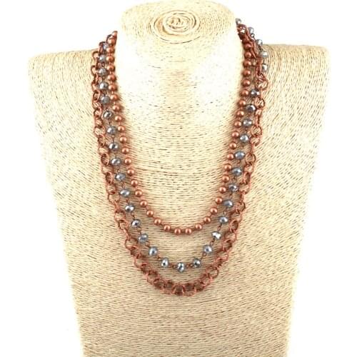 Fashion Bohemian Tribal Jewelry 3 Layer Multiple Glass Crystal Rosary Link & Copper ball Chain Necklace