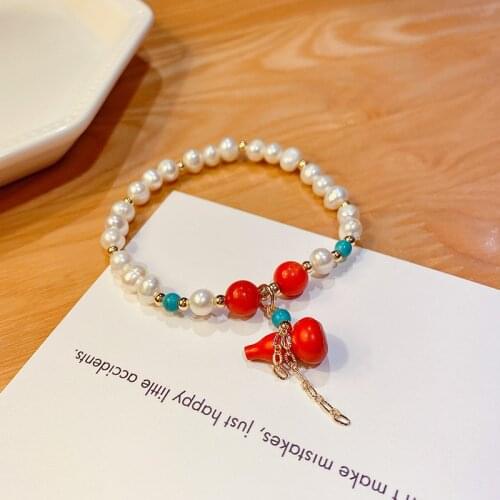 Trendy Natural Freshwater Pearls Red Chalcedony Turquoise Gourd Pendant Beaded Bracelets for Women Lucky Fine Jewelry YBR445