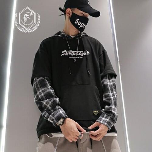 Men Fashion Loose Print Fleece Heavyweight Patchwork Pullover Hip Hop Sweatshirts with Hooded