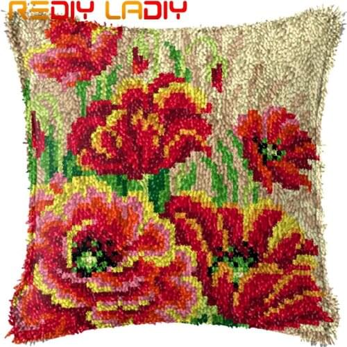 Latch Hook Kit Make Your Own Cushion Poppy Flowers Pre-Printed Canvas Crochet Pillow Case Latch Hook Cushion Cover Arts & Crafts