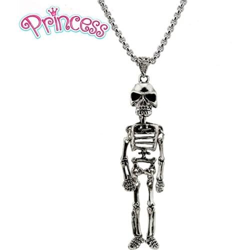 2019 New Man Jewelry Vintage Halloween Xmas Skull Skeleton Pendant 70cm Long Chain Necklace Drop Shipping Wholesale EH02