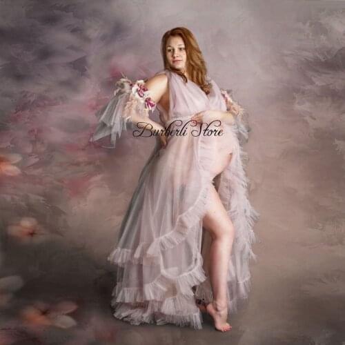 2021 New Fashion Tulle Ruffles Maternity Women Dresses Woth Separate Sleeves Floral Feather Mesh Pregnancy Gown To Photography