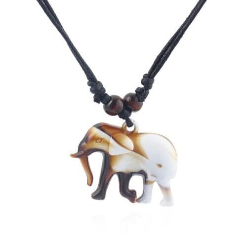 Wholesales Faux Yak Bone Resin Carved Elephant Pendant Necklace Black Wax Cotton Cord Tribal Necklace for Men Women