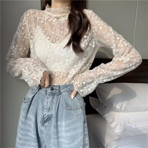 Korean Style Sexy See Through White Lace Blouse Women High Neck Embroidery Elegant Blouse Sheer Undershirt Pullover Tops