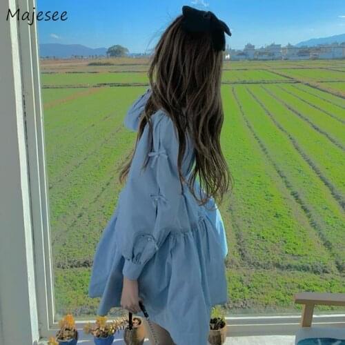 Dresses Women Plus Size S-3XL Full Sleeve Loose Blue Turn Down Collar Feminine Preppy Style Sweet Retro French Romance Ulzzang