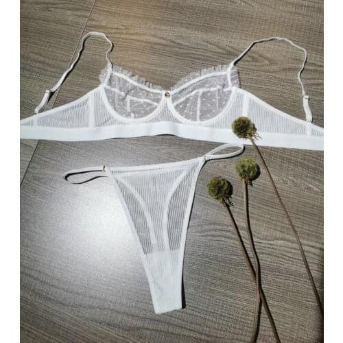 Wriufred Sexy perspective temptation bra with T pants lace edges diamond ornaments lingerie set underwire plus size bralette