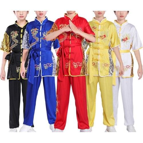 Unisex kids chang chuan wu dragon martial arts clothing embroidery dragon suits kung fu competition uniforms blue/black/red