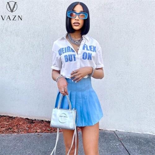 VAZN 2021 INS School Wind Clear Girl Letter 2 Piece Set Boho Beach Summer Women Short Sleeve Top And Mini Pleated Skirt