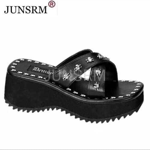 New 2021 High Heels Black Sandals Wedges Gothic Comfy Walking Summer Thick Platform Sandals Shoes Woman Slipper Big Size 43