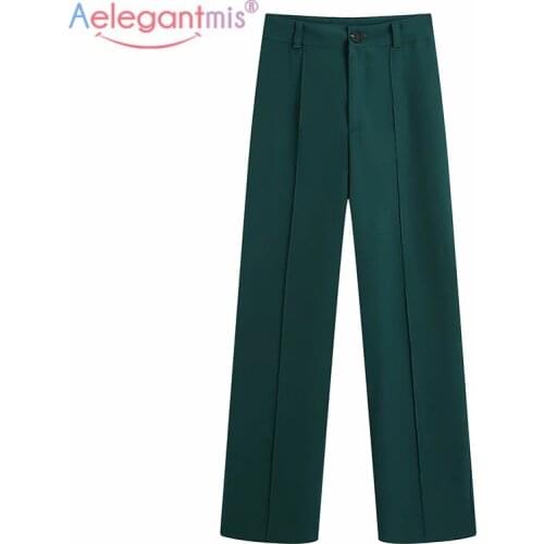Aelegantmis Spring High Waist Long Pants Suit Woman Loose Wide Leg Korean Fashion Stright Pants Simple Casual Green Trousers BF