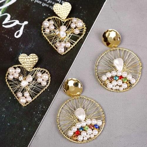 Creative Handmade Winding Metal Wire Heart Round Geometric Drop Earrings Womens Fashion Boho Beaded White Pearl Earring Jewelry