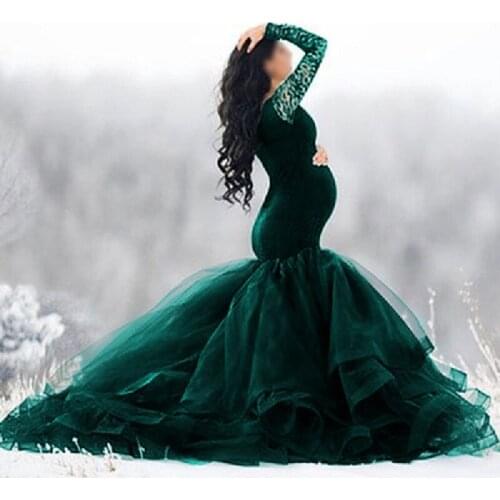 Women Maxi Maternity Wedding Dresses Long-sleeve Lace Stitching Mesh Pregnant Dress Fluttering Tailing Long Photography Dress