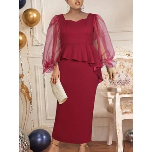AOMEI Large Size Long Sleeve Burgundy Dress Curve Women Tulle Ruffle Midi Pencil Dress Summer Evening Event Occasion Outfits