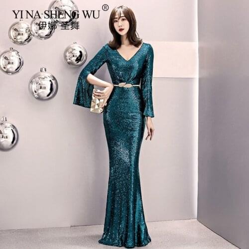 New Long Sleeve Sequin Dress Mermaid Sexy V-neck Beaded Halter Green Ball Dress Simple Vestidos Longo De Festa